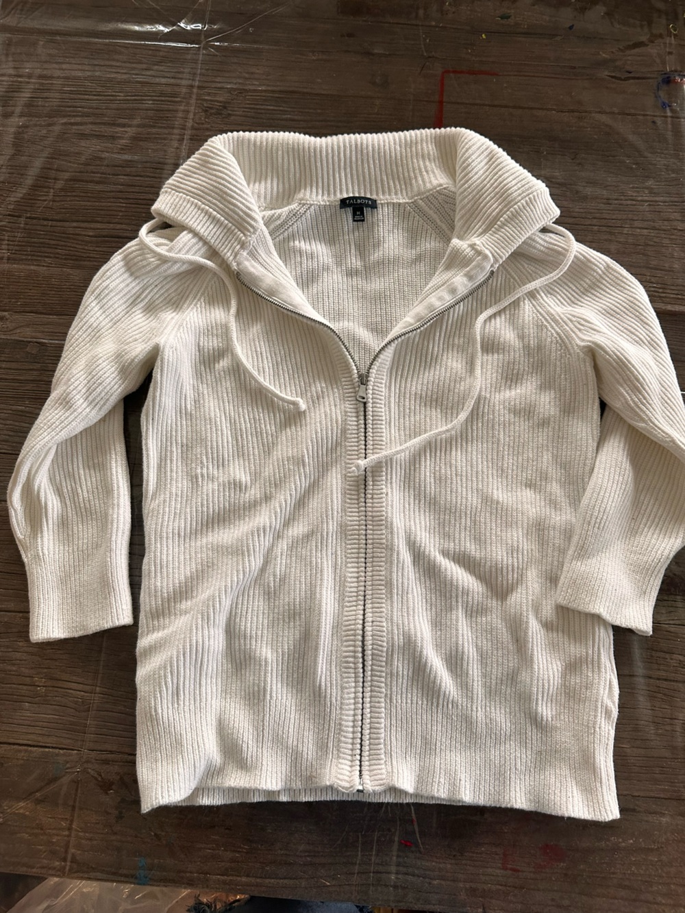 Talbots Cream Knit Ribbed Zip Hoodie Sweater